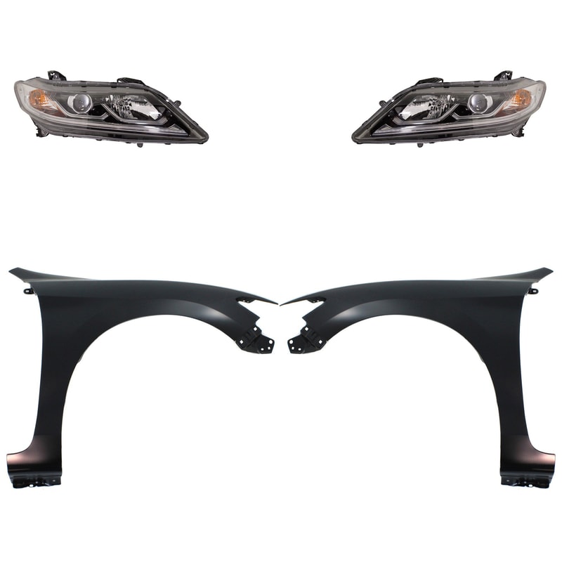 Headlight Assembly Kit for Honda Accord 2016-2017, Right (Passenger) and Left (Driver), Halogen, 4-Piece Set with Fenders, Replacement