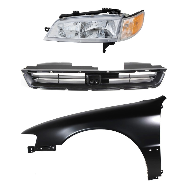 Headlight Assembly Kit for 1996-1997 Honda Accord, Left (Driver) Halogen, 3-Piece with Fender and Grille Assembly Replacement