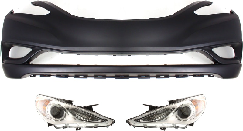 Headlight Assembly Kit for 2011-2013 Hyundai Sonata, Right (Passenger) and Left (Driver), Halogen, 3-Piece with Bumper Cover, Replacement