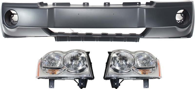 Headlight Assembly Kit for 2005-2007 Jeep Grand Cherokee, Right (Passenger) and Left (Driver), Halogen, 3-Piece with Bumper Cover, Replacement