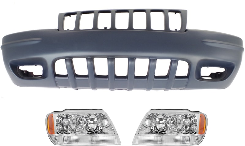 Headlight Assembly Kit for 1999-2000 Jeep Grand Cherokee, Right (Passenger) and Left (Driver), 3-Piece Halogen Set with Bumper Cover, Replacement
