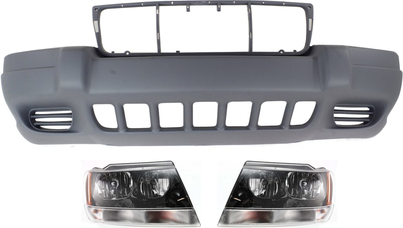 Front Bumper Cover for Jeep Grand Cherokee 1999-2003, 3-Piece Kit with Headlights, Replacement