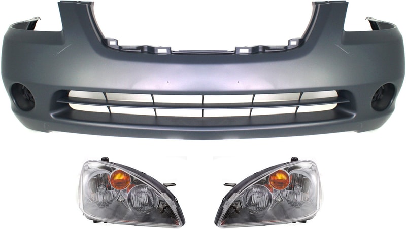 Headlight Assembly for 2002-2004 Nissan Altima, Right (Passenger) and Left (Driver), Halogen, 3-Piece Kit with Bumper Cover, Replacement