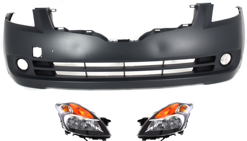 Headlight Assembly Kit for 2007-2009 Nissan Altima, Right (Passenger) and Left (Driver), 3-Piece Halogen Light with Bumper Cover, Replacement