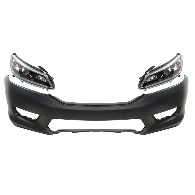 Front Bumper Cover Kit for 2013-2015 Honda Accord, Primed (Ready to Paint), 3-Piece Set, Includes Headlights, Replacement