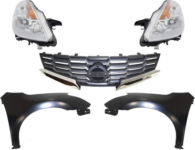 Headlight Kit for 2008 Nissan Altima Right (Passenger) and Left (Driver), Lens and Housing, Halogen, 5-Piece Set, with Fenders and Grille Assembly Replacement