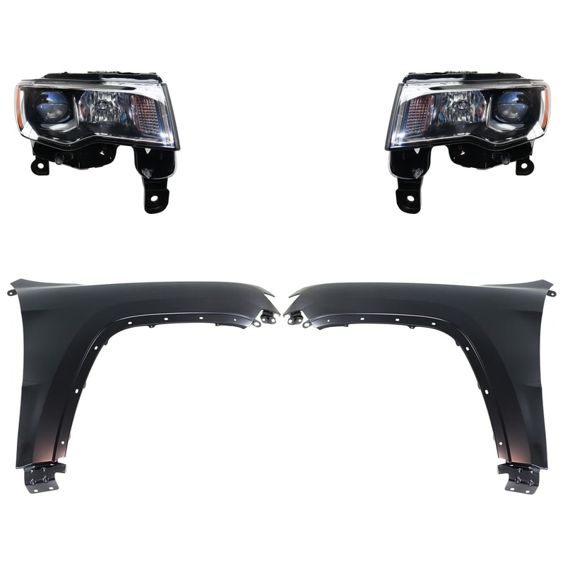 Headlight Assembly Kit for Jeep Grand Cherokee 2017-2021, Right (Passenger) and Left (Driver), Halogen, 4-Piece Kit with Fenders, Replacement