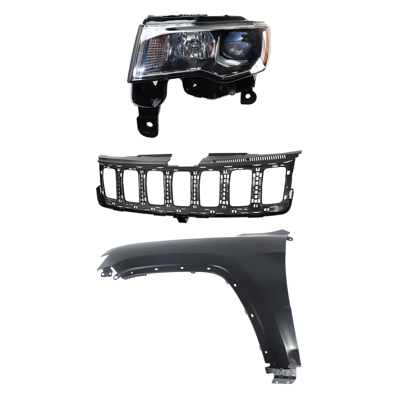 Headlight Assembly Kit for Jeep Grand Cherokee 2017-2021, Left (Driver) Side, Halogen, 3-Piece with Fender and Grille Assembly, Replacement