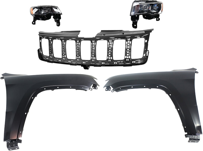 Headlight Assembly Kit for Jeep Grand Cherokee 2017-2021, Right (Passenger) and Left (Driver), Halogen, 5-Piece with Fenders and Grille Assembly, Replacement