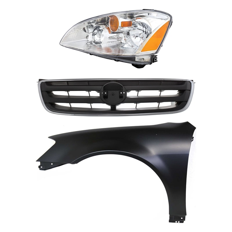 Headlight Assembly for 2002-2004 Nissan Altima, Left (Driver) Side, Halogen, 3-Piece Kit with Fender and Grille Replacement
