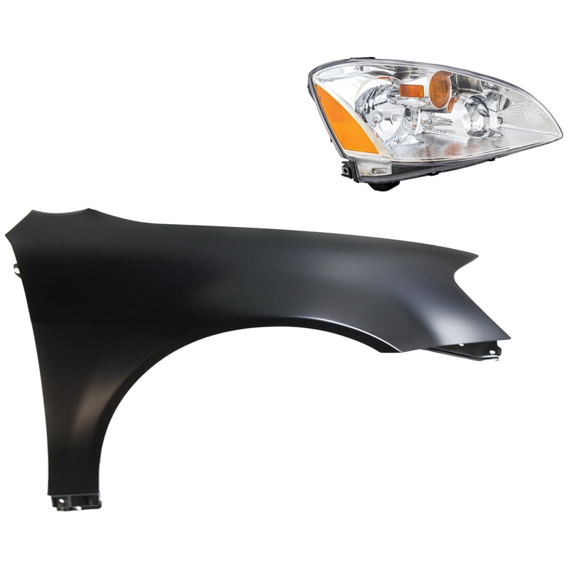 Headlight Assembly for NISSAN ALTIMA 2002-2004, Right (Passenger) Side, Halogen, 2-Piece Kit with Fender, Replacement