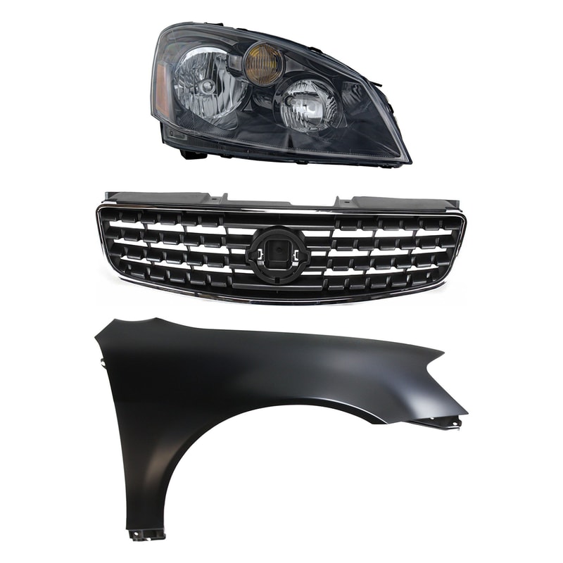 Headlight Assembly for 2005-2006 Nissan Altima, Right (Passenger) Side, Halogen, 3-Piece Kit with Fender and Grille Assembly - Replacement