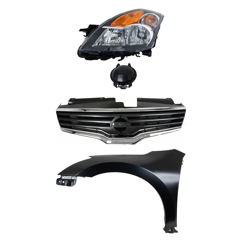 Headlight Assembly Kit for 2007-2009 Nissan Altima, Left (Driver) Side, Halogen, 3-Piece Set, with Fender and Grille Assembly, Replacement