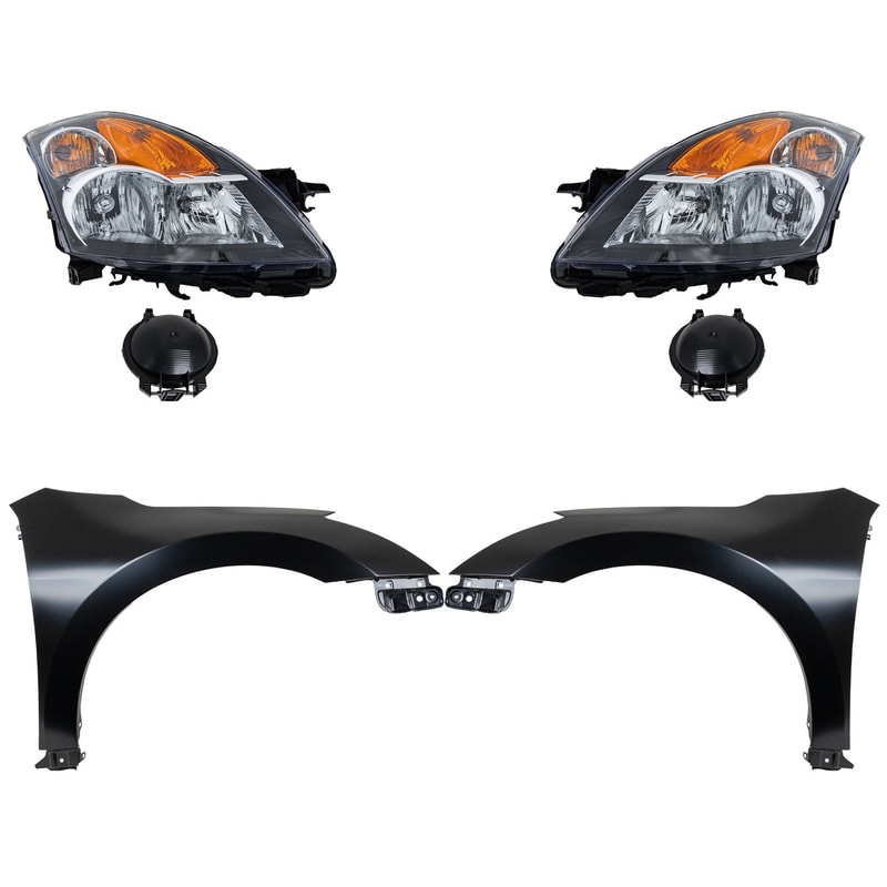 Headlight Assembly Kit for 2007-2009 Nissan Altima, Right (Passenger) and Left (Driver), Halogen, 4-Piece Set with Fenders, Replacement