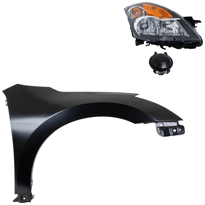 Headlight Assembly for 2007-2009 Nissan Altima, Right (Passenger) Halogen, 2-Piece Kit with Fender, Replacement