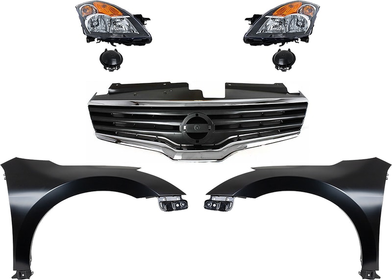 Headlight Assembly Kit for 2007-2009 Nissan Altima, Includes Right (Passenger) and Left (Driver) Lights, Halogen, 5-Piece Set, with Fenders and Grille Assembly, Replacement