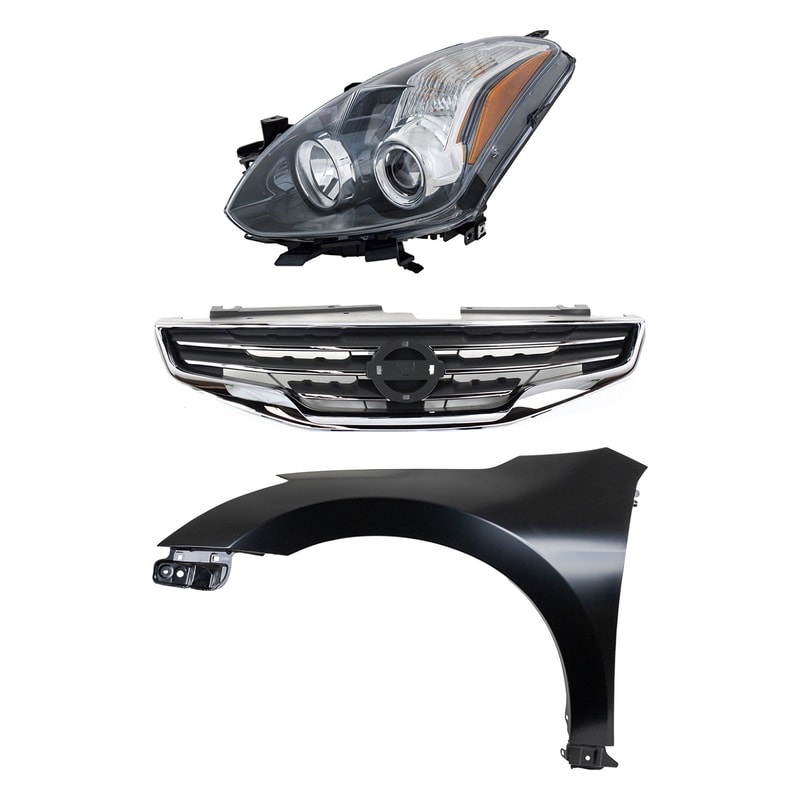 Headlight Assembly Kit for 2010-2012 Nissan Altima, Left (Driver), Halogen, 3-Piece Set with Fender and Grille Assembly, Replacement