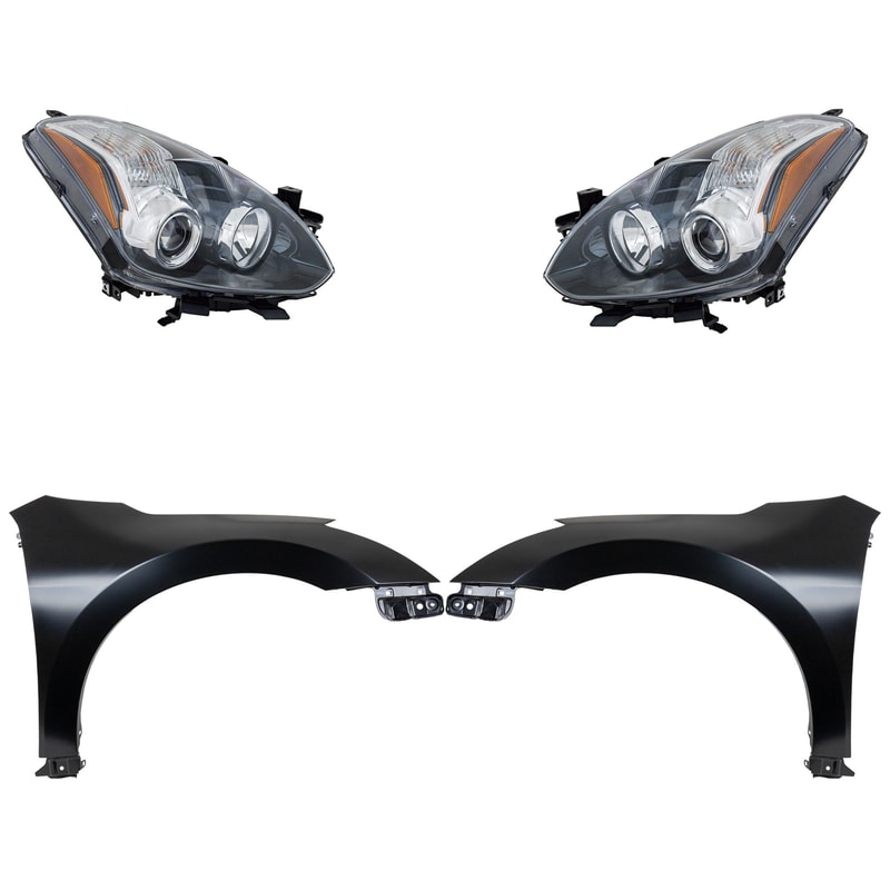 Headlight Assembly Kit for 2010-2012 Nissan Altima, Right (Passenger) and Left (Driver), Halogen, 4-Piece with Fenders, Replacement