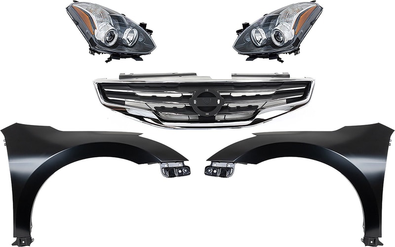 Headlight Assembly Kit for 2010-2012 Nissan Altima, Right (Passenger) and Left (Driver), 5-Piece with Halogen Lights, Fenders and Grille Assembly Replacement