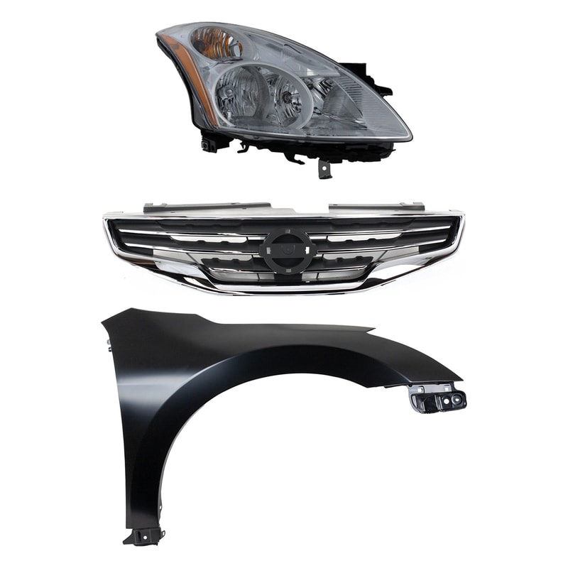 Right (Passenger) Headlight Assembly for 2010-2012 Nissan Altima, 3-Piece Kit with Halogen Light, Including Fender and Grille Assembly, Replacement