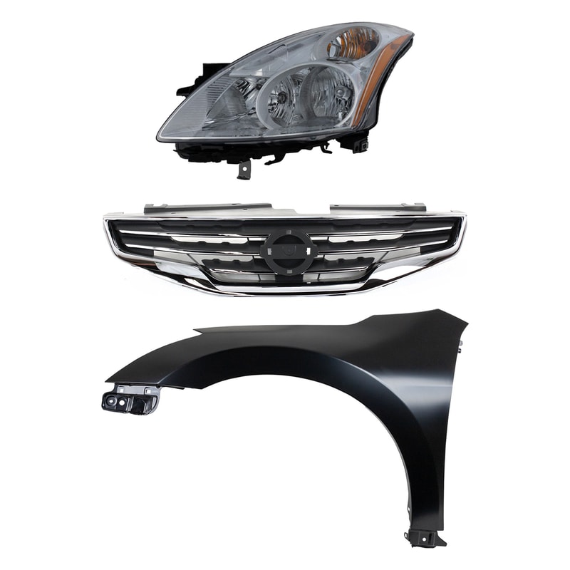 Headlight Assembly Kit for Nissan Altima 2010 - 2012, Left (Driver) Side, Halogen, 3-Piece Set with Fender and Grille Assembly, Replacement