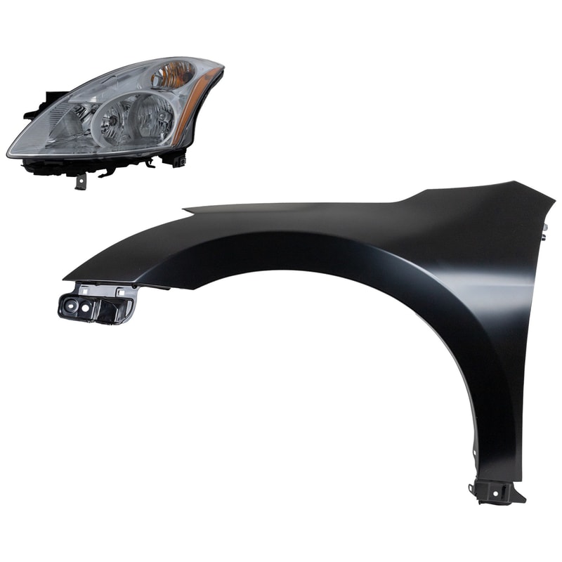 Headlight Assembly Kit for 2010-2012 Nissan Altima, Left (Driver) Side, Halogen, Complete 2-Piece Kit, with Fender, Replacement