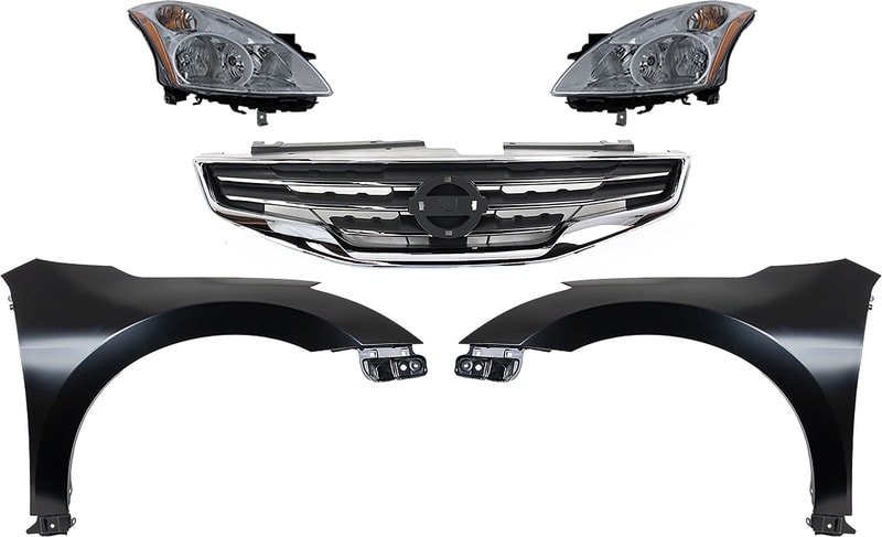 Headlight Assembly Kit for 2010-2012 Nissan Altima, Right (Passenger) and Left (Driver), Halogen, 5-Piece with Fenders and Grille Assembly Replacement
