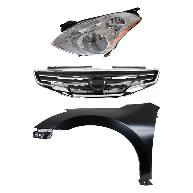 Headlight Assembly Kit for Nissan Altima 2010-2012, Left (Driver) Side, with HID/Xenon, Includes 3-Piece Kit, Fender and Grille Assembly, Replacement