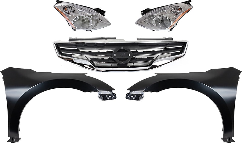 Headlight Assembly for 2010-2012 Nissan Altima, Right (Passenger) and Left (Driver) with HID/Xenon, 5-Piece Kit includes Fenders and Grille Assembly, Replacement