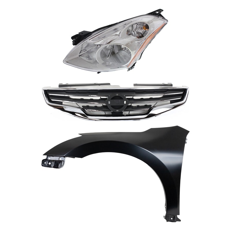 Headlight Kit for 2010-2012 Nissan Altima, Left (Driver) Side, Lens and Housing, High-Intensity Discharge/Xenon, 3-Piece Set with Fender and Grille Assembly, Replacement