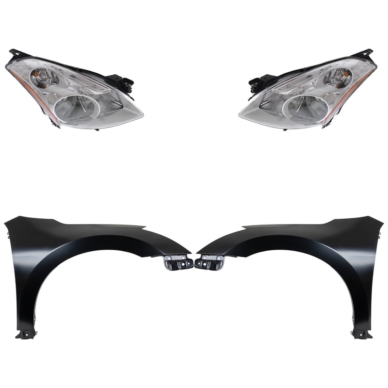 Headlight Kit for 2010-2012 Nissan Altima, Right (Passenger) and Left (Driver) Lens and Housing, Xenon, 4-Piece Kit with Fenders, Replacement