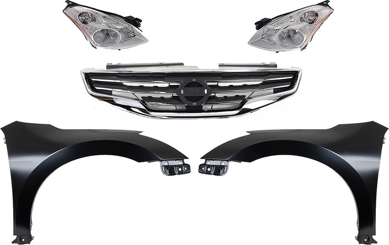 Headlight Lens and Housing Kit for 2010-2012 Nissan Altima, Xenon, Right (Passenger) and Left (Driver), 5-Piece with Fenders and Grille Assembly, Replacement