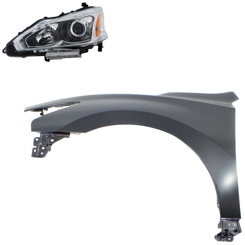 Headlight Assembly Kit for 2013-2015 Nissan Altima, Left (Driver) Side, Halogen, 2-Piece Kit with Fender, Replacement