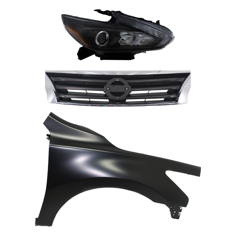 Headlight Assembly Kit for Nissan Altima 2013-2015, Right (Passenger) Side, LED, 3-Piece Kit, Includes Fender and Grille Assembly, Replacement