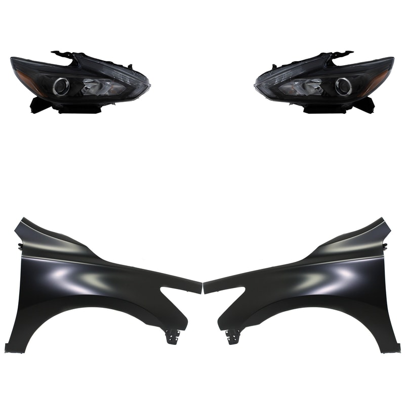 Headlight Assembly Kit for 2013-2015 Nissan Altima, Right (Passenger) and Left (Driver), LED, 4-Piece with Fenders, Replacement