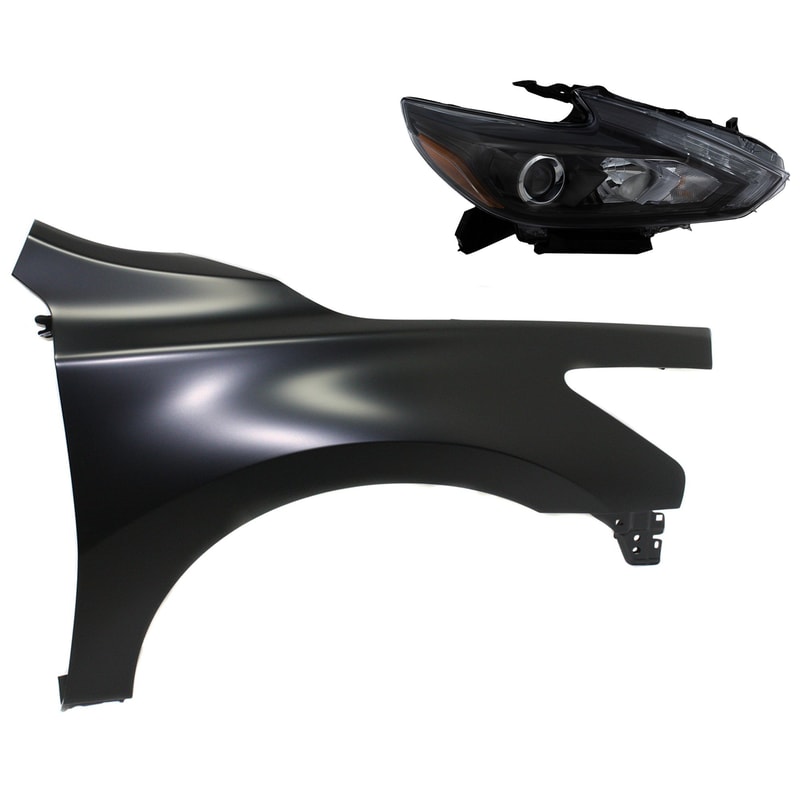 Headlight Assembly for 2013-2015 Nissan Altima, Right (Passenger) Side, LED, 2-Piece Kit with Fender, Replacement