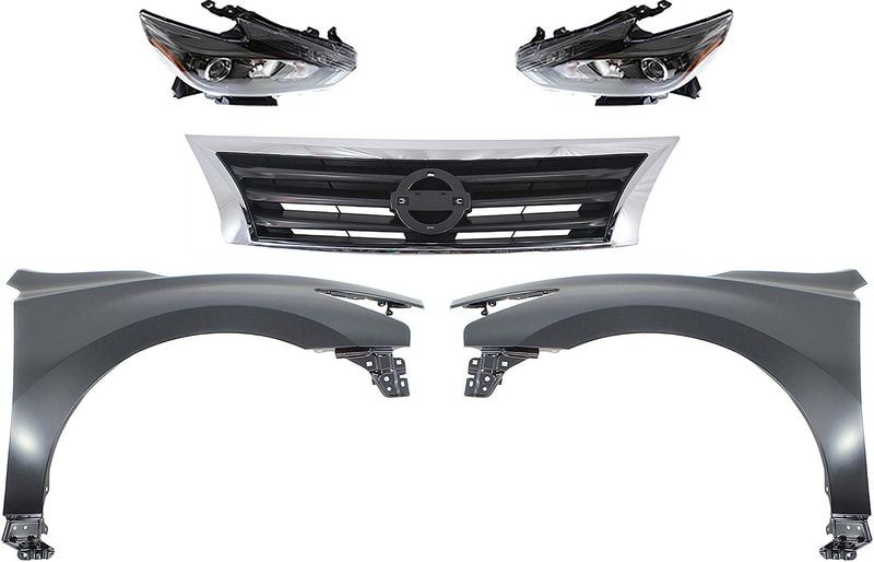 Headlight Assembly Kit for 2013-2015 Nissan Altima, Right (Passenger) and Left (Driver), LED, 5-Piece with Fenders and Grille Assembly, Replacement