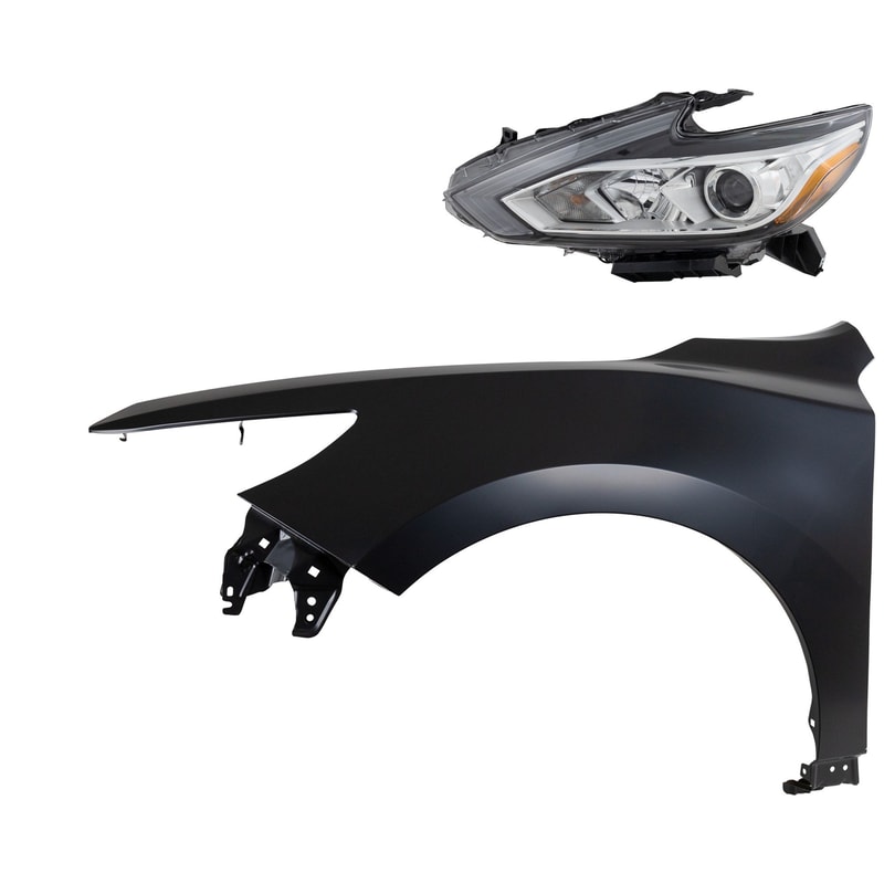 Headlight Assembly Kit for Nissan Altima 2016-2018, Left (Driver) Side, Halogen, 2-Piece Kit, Includes Fender, Replacement