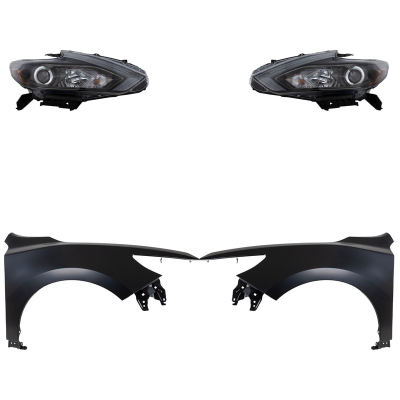 Headlight Assembly Kit for 2016-2018 Nissan Altima, Right (Passenger) and Left (Driver), 4-Piece Halogen, Includes Fenders, Replacement