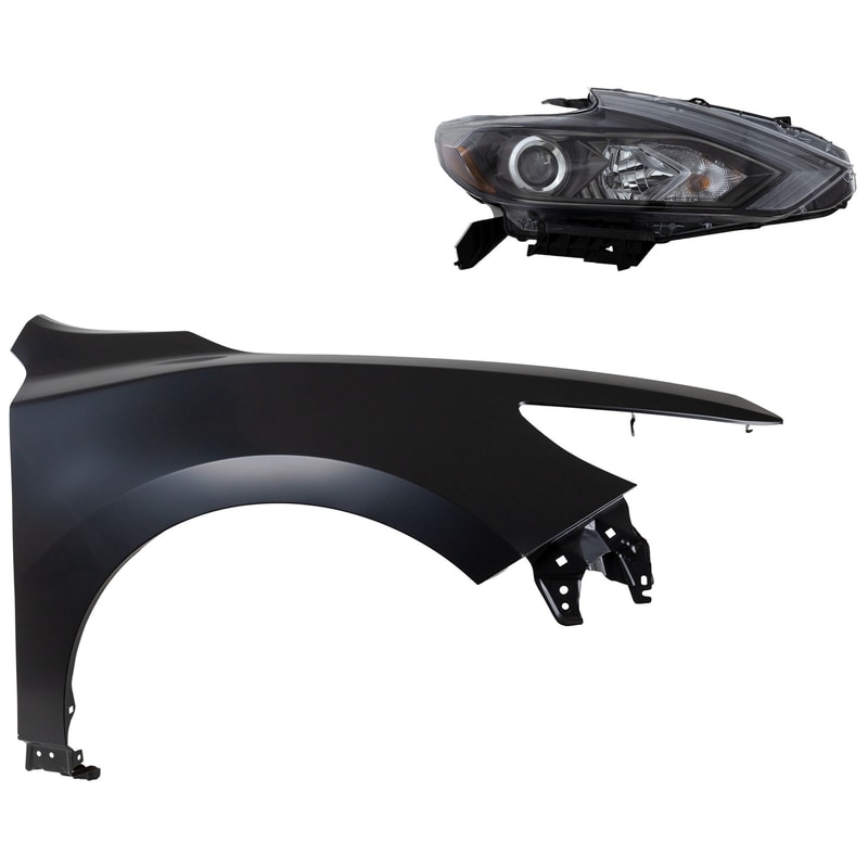 Headlight Assembly for Nissan Altima 2016-2018, Right (Passenger) Halogen, 2-Piece Kit with Fender, Replacement