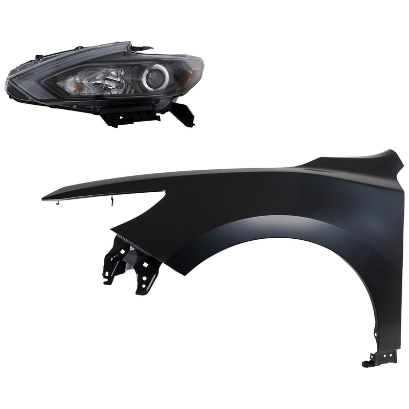 Headlight Assembly Kit for 2016-2018 Nissan Altima, Left (Driver) Side, Halogen, 2-Piece with Fender, Replacement
