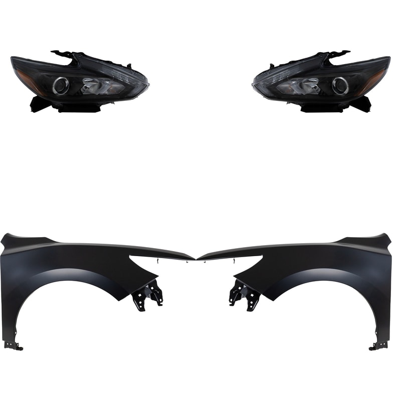 Headlight Assembly Kit for 2016-2018 Nissan Altima, Right (Passenger) and Left (Driver) LED, 4-Piece Kit with Fenders, Replacement