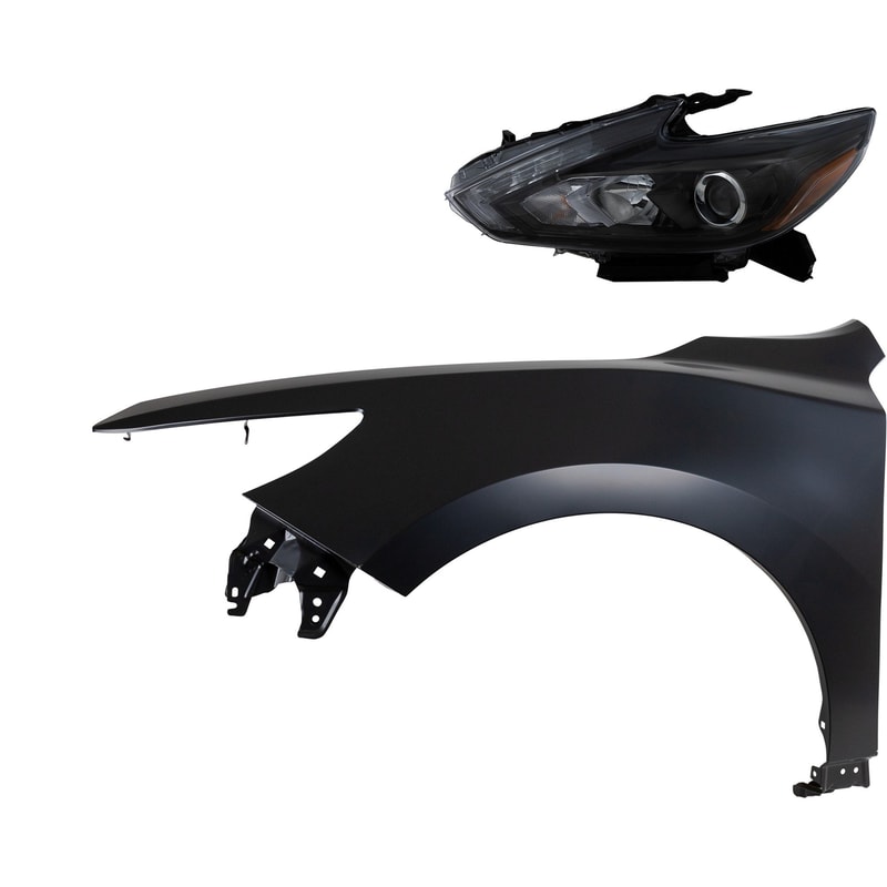 Headlight Assembly Kit for 2016-2018 Nissan Altima, Left (Driver), LED, 2-Piece Set with Fender, Replacement