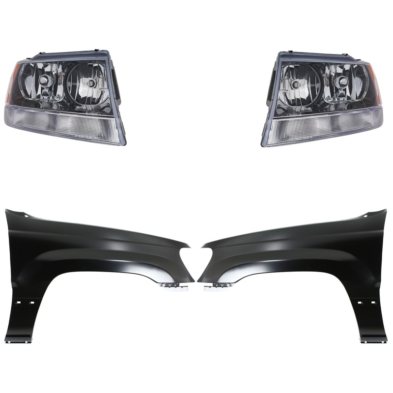 Headlight Assembly Kit for 2002 Jeep Grand Cherokee, Right (Passenger) and Left (Driver), Halogen, 4-Piece Kit with Fenders, Replacement