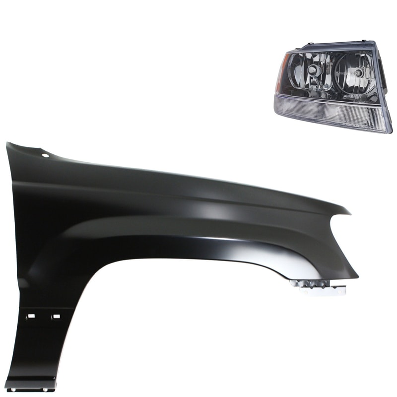 Headlight Assembly for 2002 Jeep Grand Cherokee, Right (Passenger) Side, Halogen, 2-Piece Kit, with Fender, Replacement