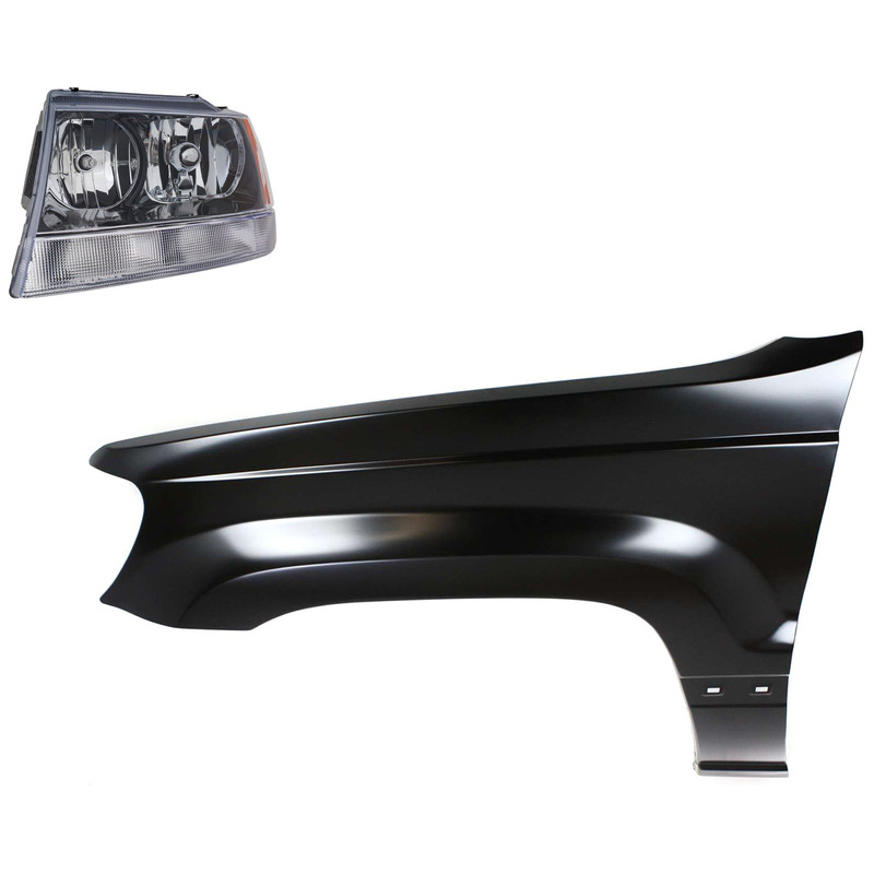 Headlight Assembly for 2002 Jeep Grand Cherokee, Left (Driver) Side, Halogen, 2-Piece Kit with Fender, Replacement