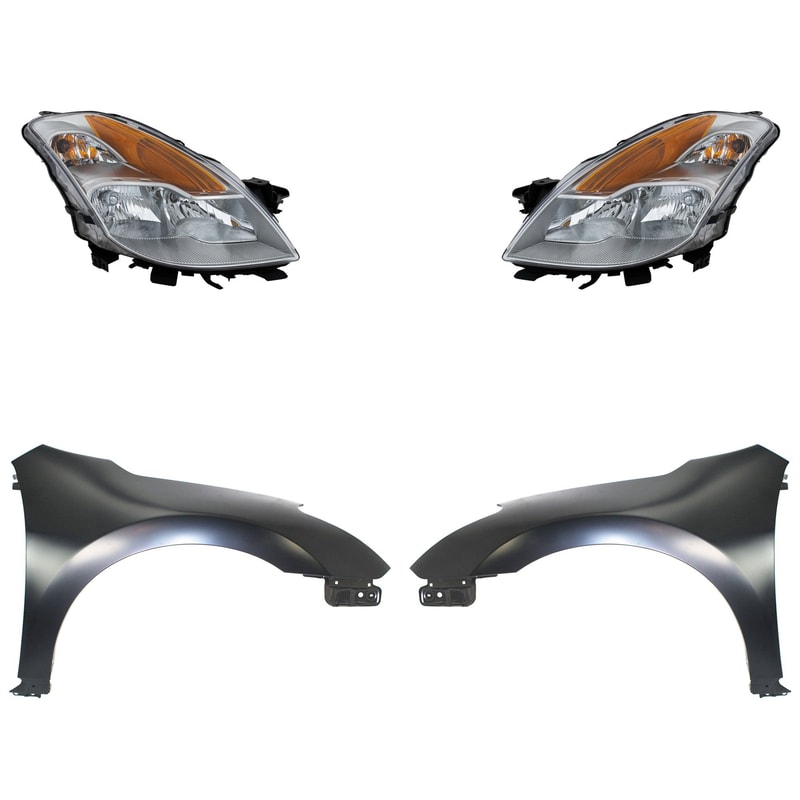 Front Fender for 2008 Nissan Altima, Right (Passenger) and Left (Driver), Primed (Ready to Paint) 4-Piece Kit with Headlights, Replacement