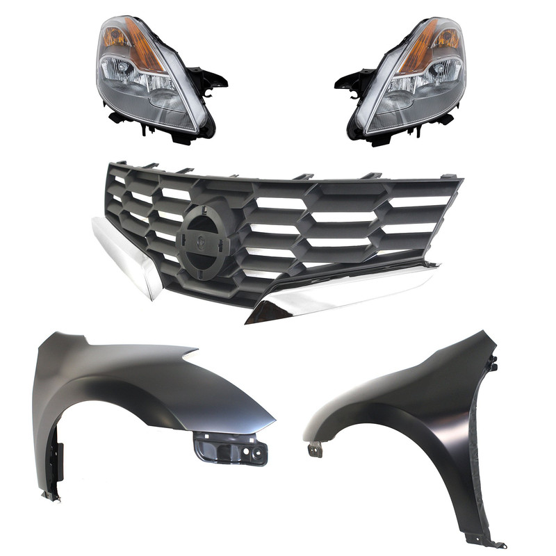 Front Fender Kit for 2008 Nissan Altima, Right (Passenger) and Left (Driver), 5-Piece, Primed (Ready to Paint), Includes Grille and Headlights, Replacement