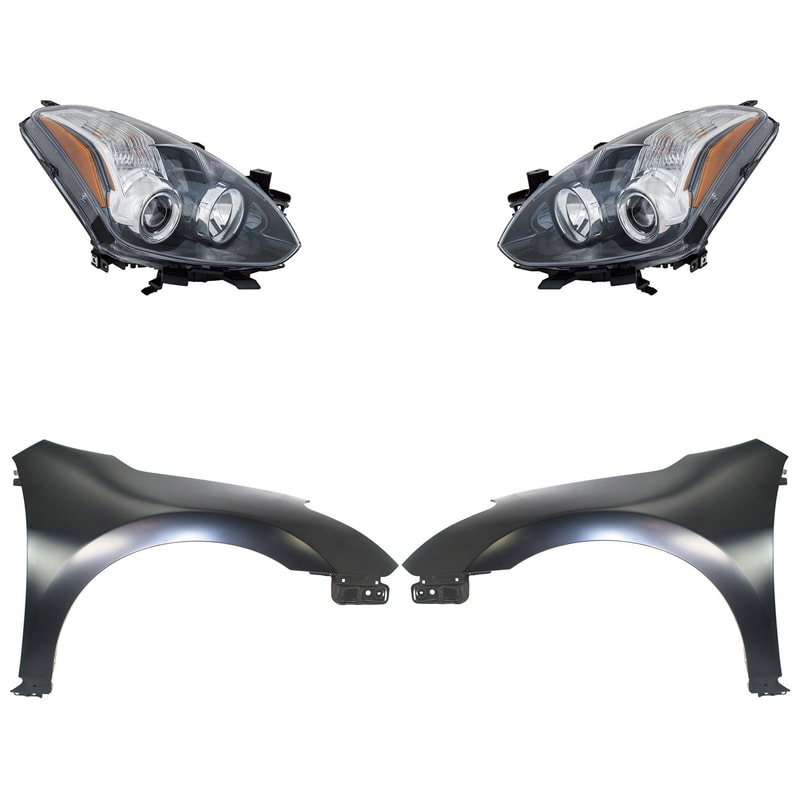 Front Fender Kit for 2010-2013 Nissan Altima, Right (Passenger) and Left (Driver), Primed (Ready to Paint), 4-Piece Kit with Headlights, Replacement