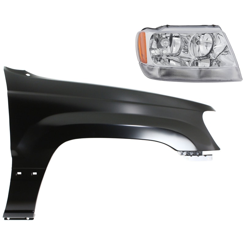 Headlight Assembly for Jeep Grand Cherokee 2004, Right (Passenger) Halogen, 2-Piece Kit with Fender, Replacement